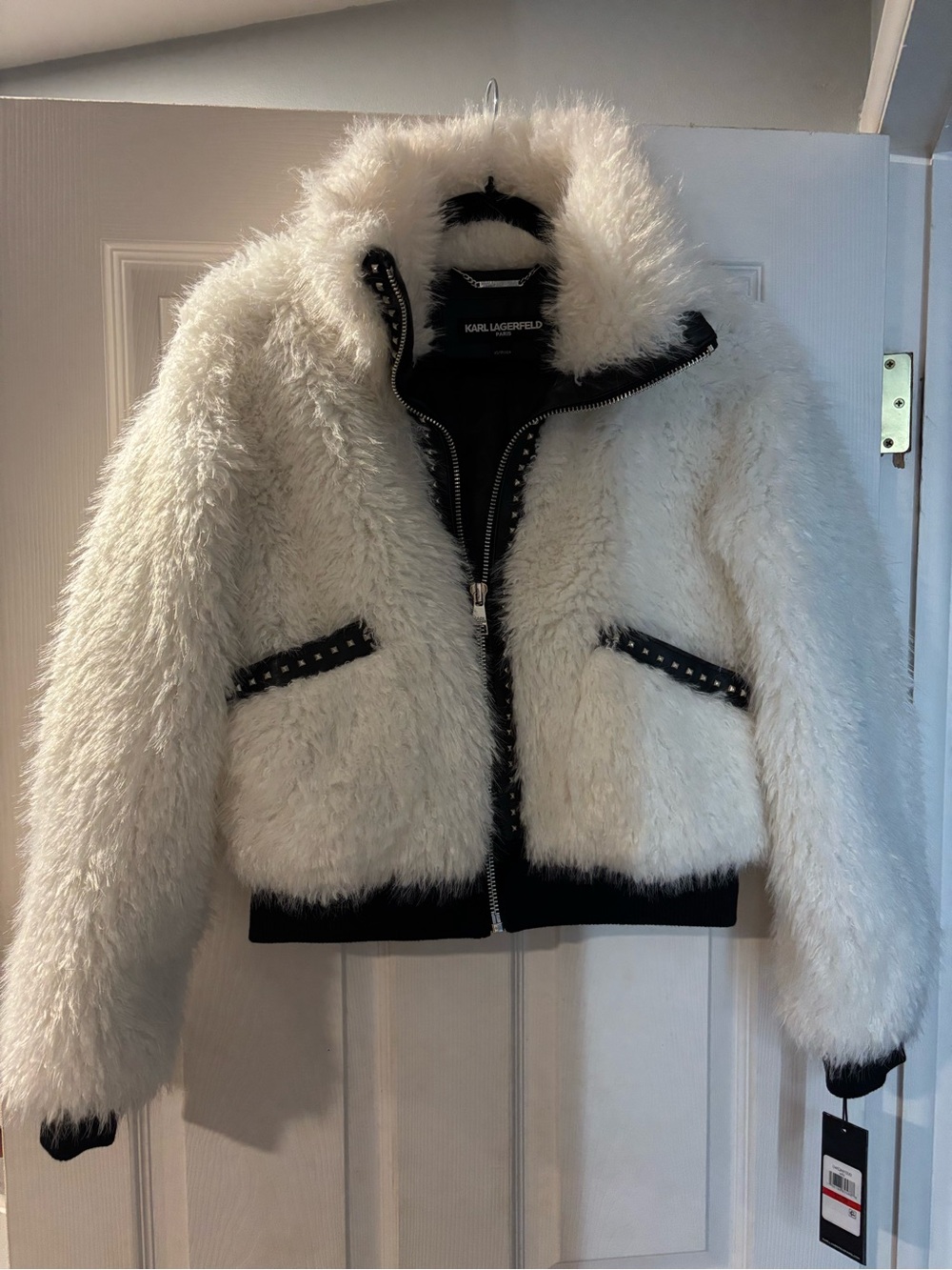Karl Lagerfeld Cream Faux Shearling Bomber Jacket with Black Trim